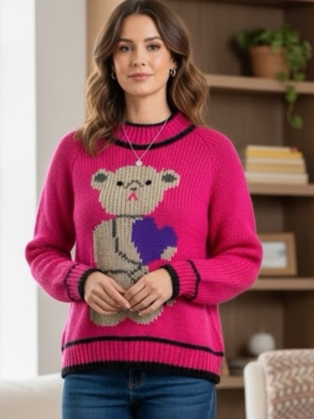 VTG vintage Evian 2 Hand Knit Sweater pink teddy Bear woman’s size medium cozy
